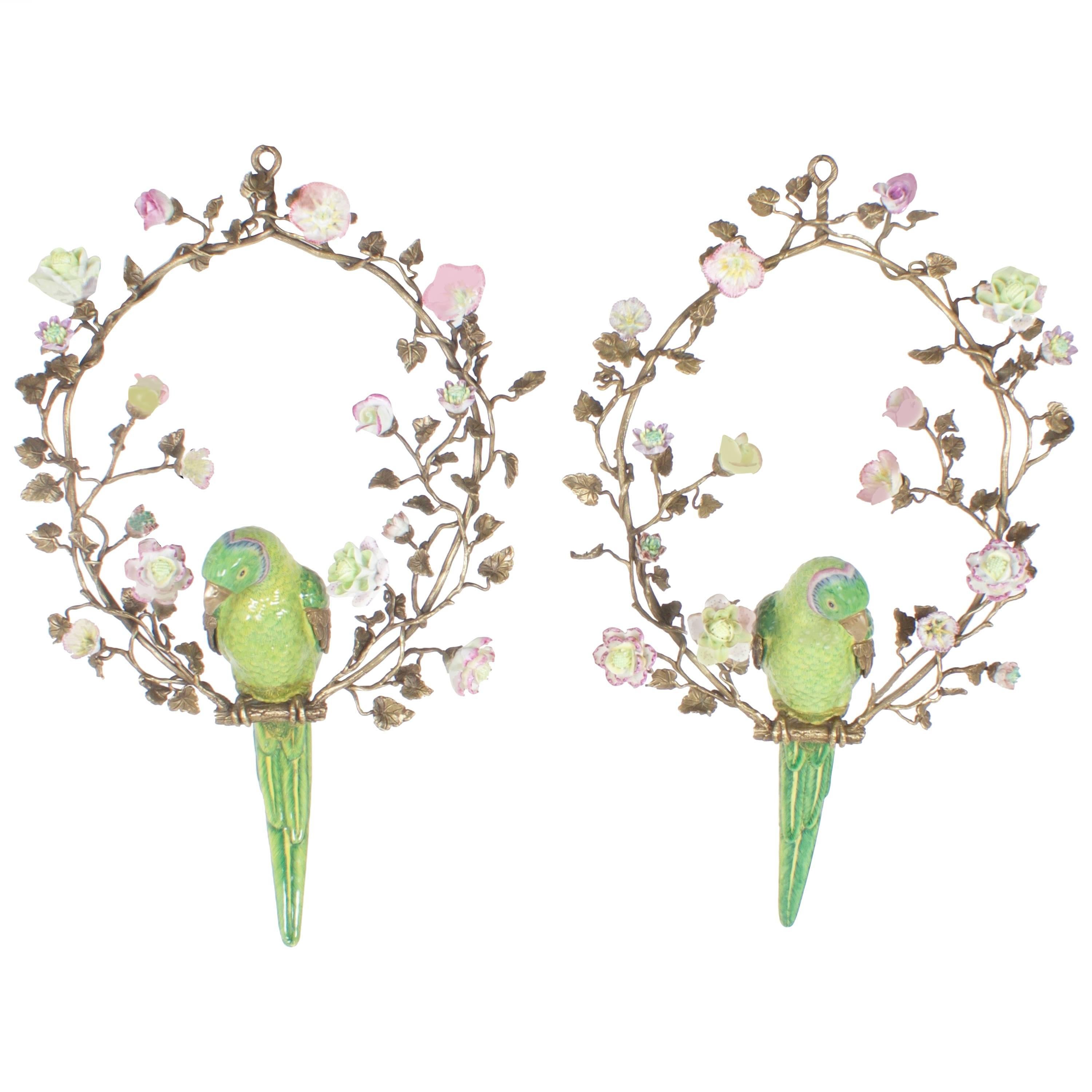 Inspired Opposing Pair of French Porcelain Parrots In Floral Hoops