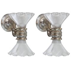 Antique Nickel-Plated Iron Elevator Sconces with Prismatic Shades