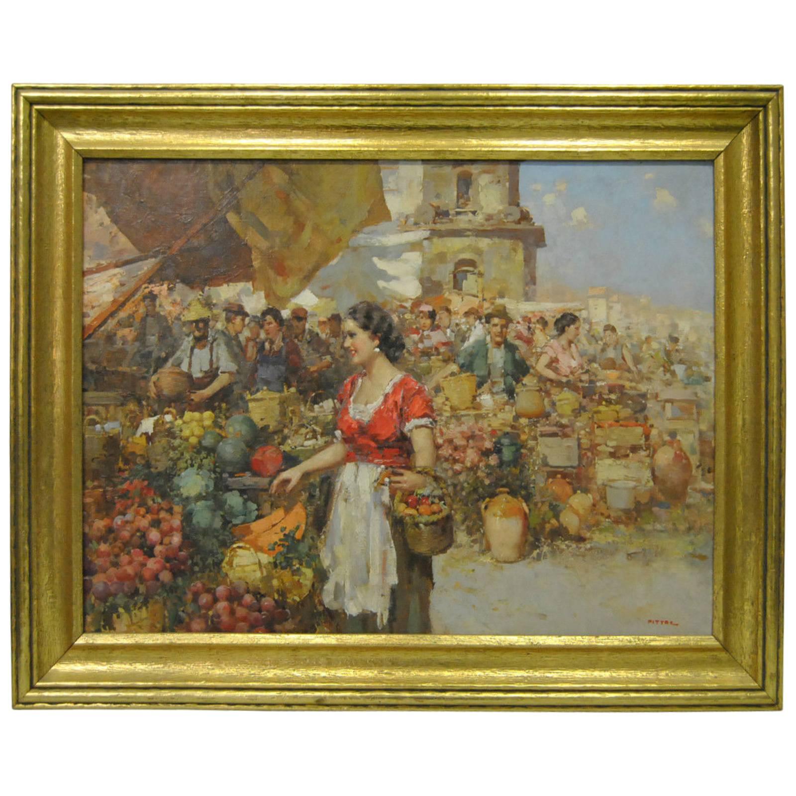 Impressionist Oil on Canvas by Italian Artist Giuseppe Pitto of Lady in Market
