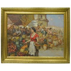 Huile sur toile impressionniste de l'artiste italien Giuseppe Pitto représentant une dame au marché