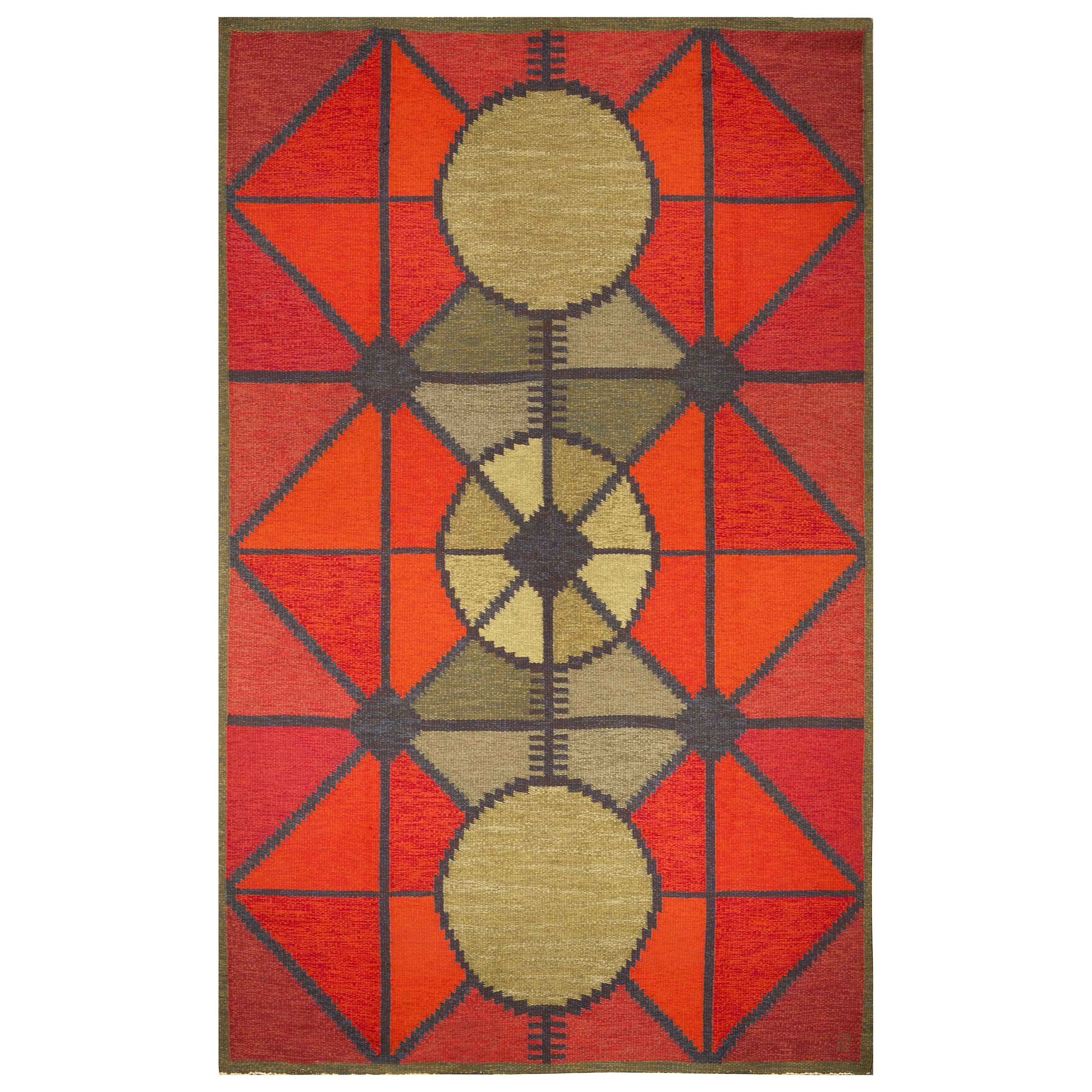 Vintage Scandinavian Geometric Rug, Sverige Riolakan by Polly Bjorkm