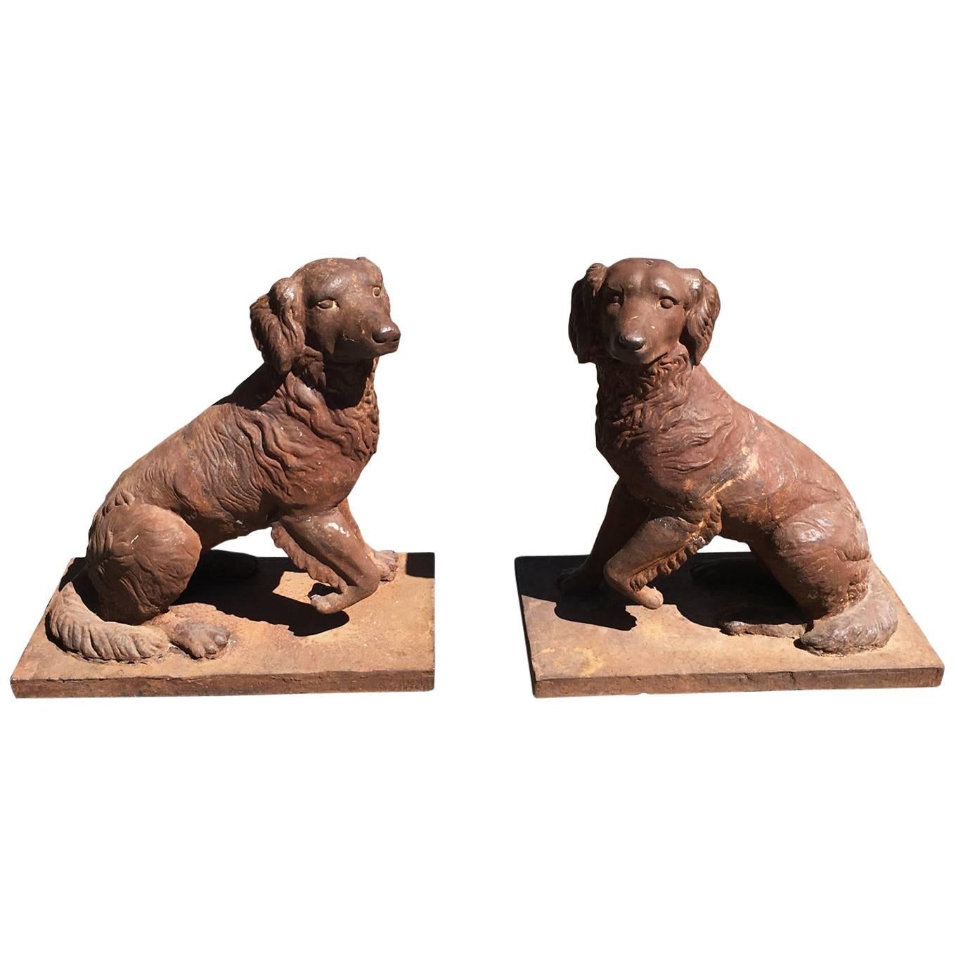Large Pair of 19th C English Georgian Cast Iron Garden Statues of Opposing Dogs 