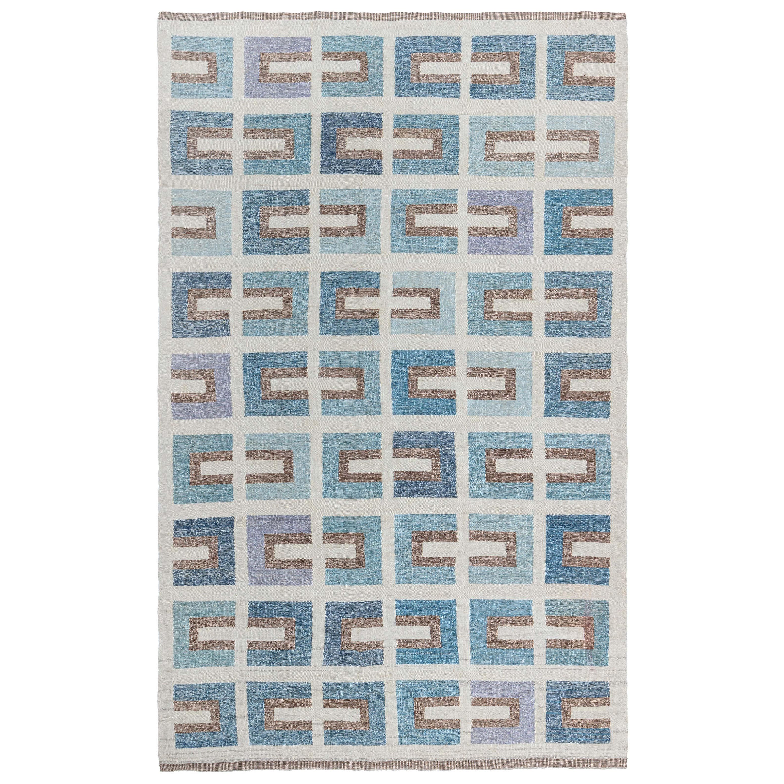 Tappeto moderno svedese geometrico a trama piatta in lana di Doris Leslie Blau