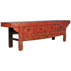  Antique Very Long Chinese Lacquered Red Sideboard or Console, circa 1770