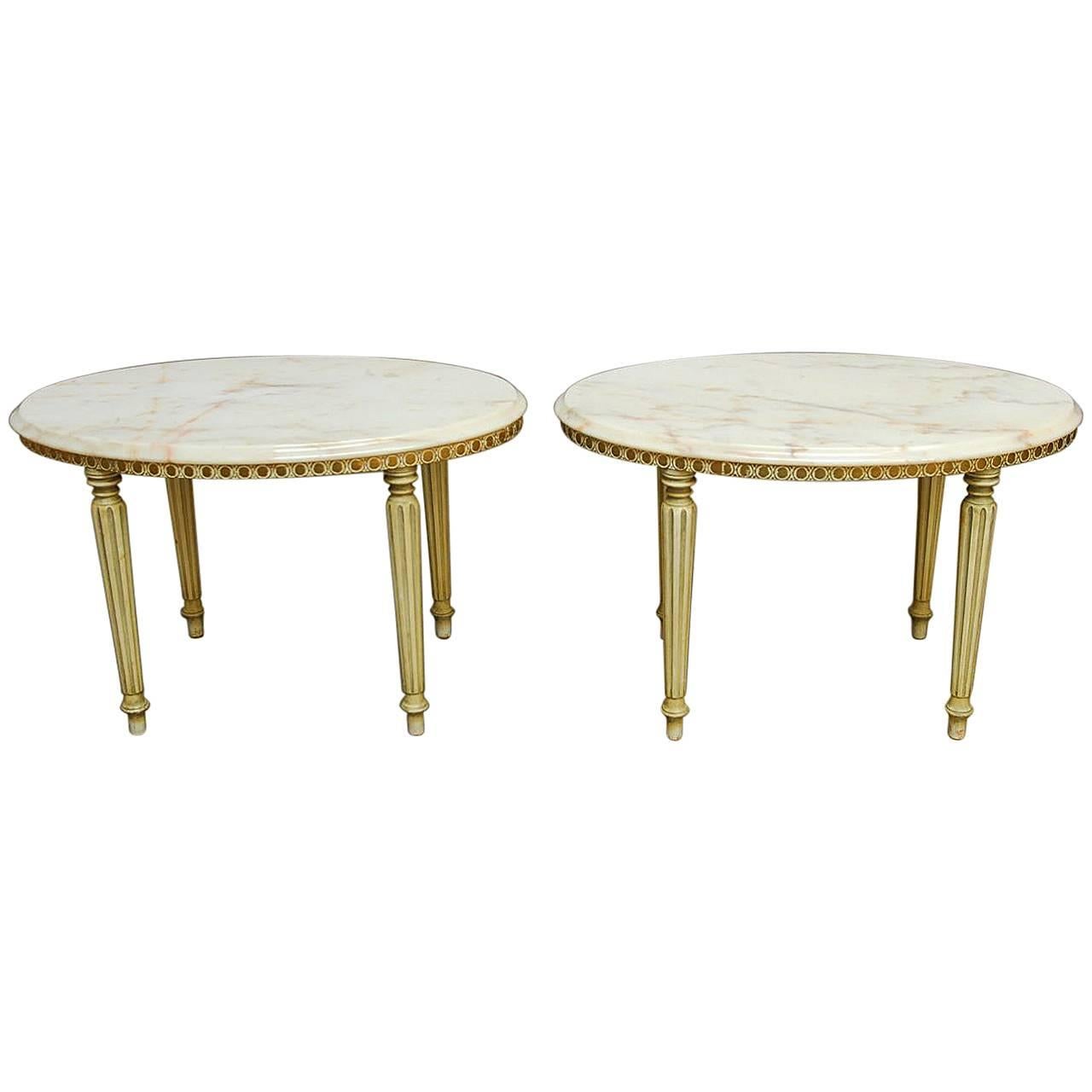 Pair of Louis XVI Style Oval Marble Top Drink Tables