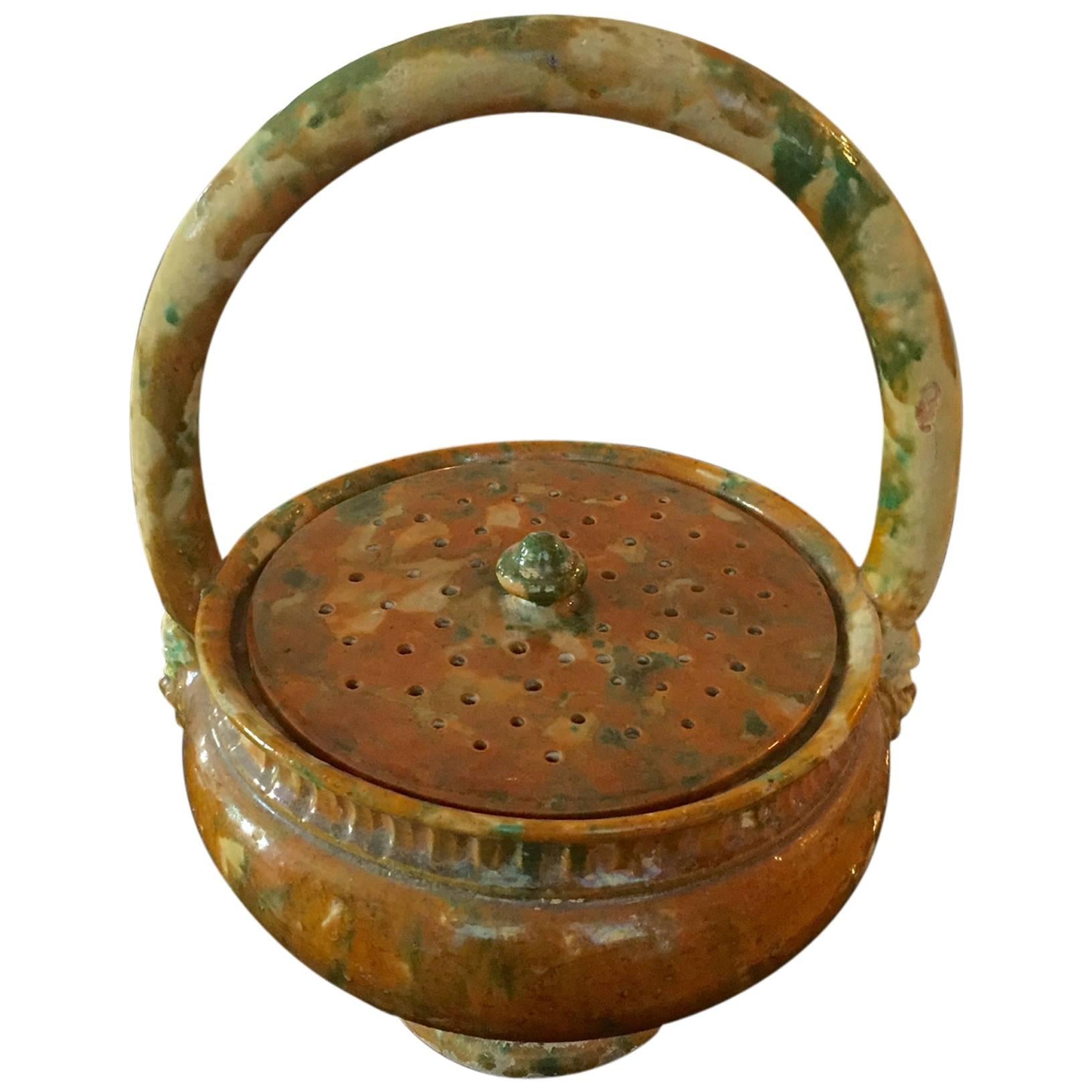 Large French Pottery Glazed Potpourri Basket For Sale