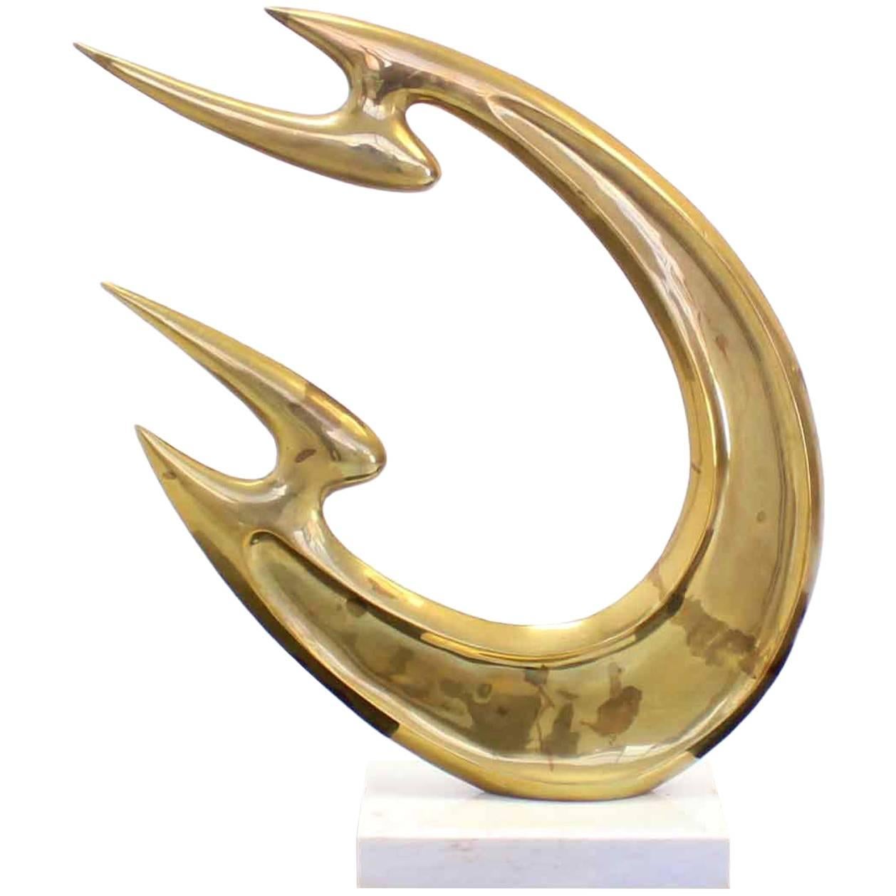 Large Modern Abstract Sculpture Brass and White Marble Flying Fire. For Sale