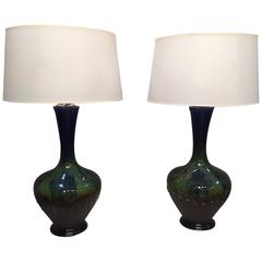 Pair of Double Glazed Pottery Lamps on Turned Bases