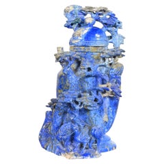 Ancienne jarre chinoise à couvercle oiseaux et arbres en lapis-lazuli
