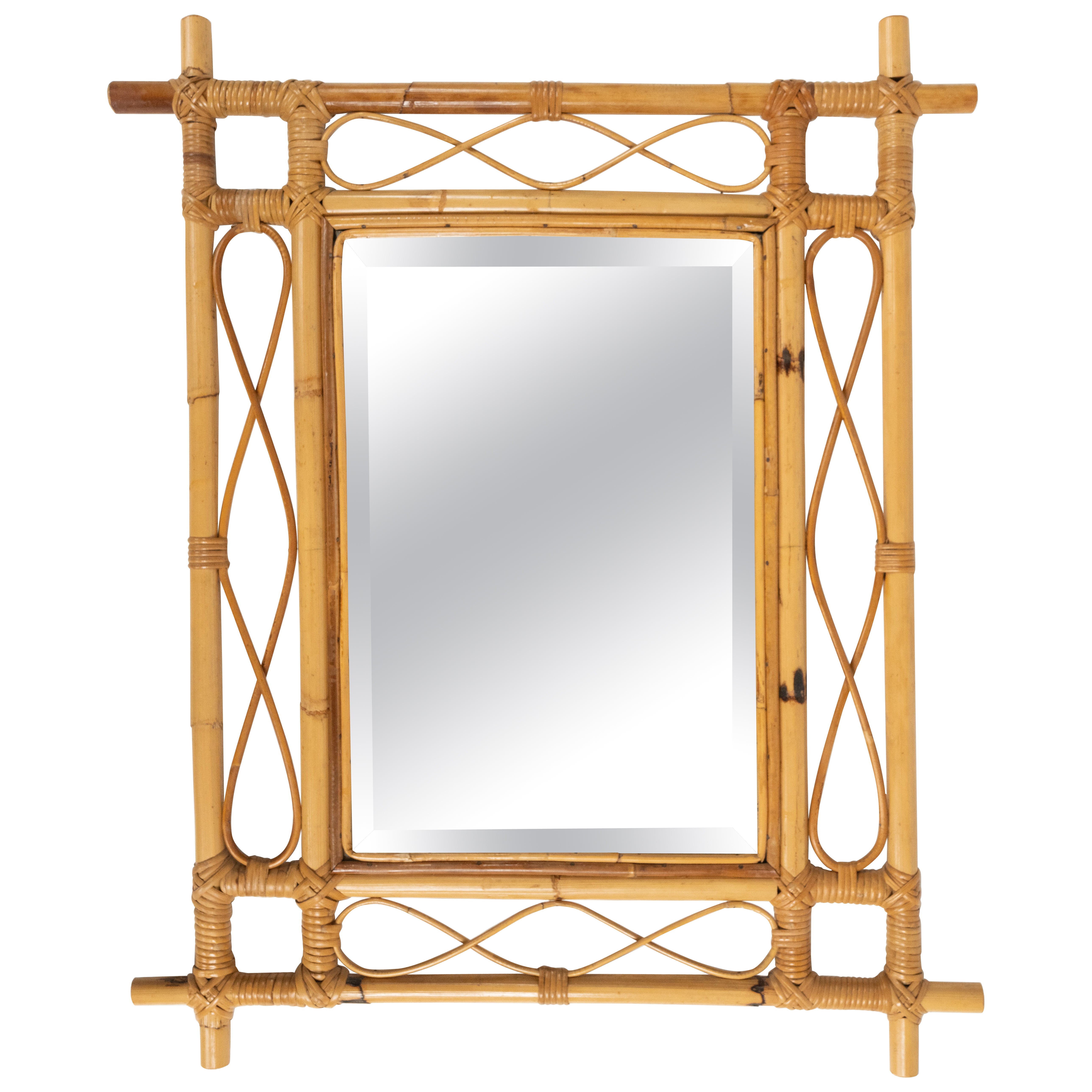 Midcentury French Riviera Curved Bamboo and Rattan Wall Mirror, Italy 1960s