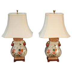 Pair of Mid-Century Chinese Famille Rose Lamps with Wood Base