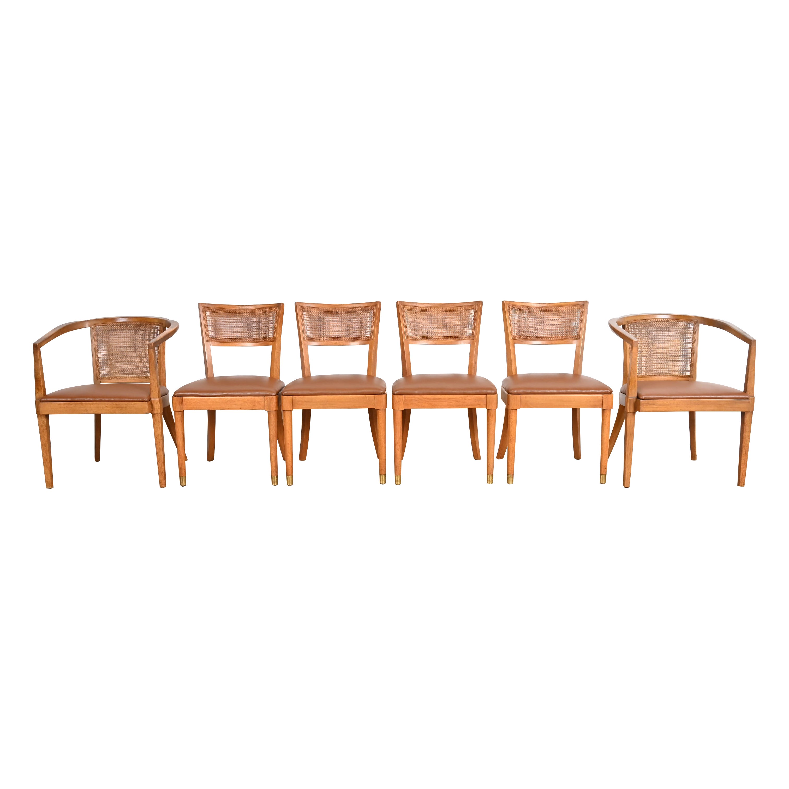 Drexel Mid-Century Modern Sculpted Walnut and Cane Dining Chairs, Set of Six