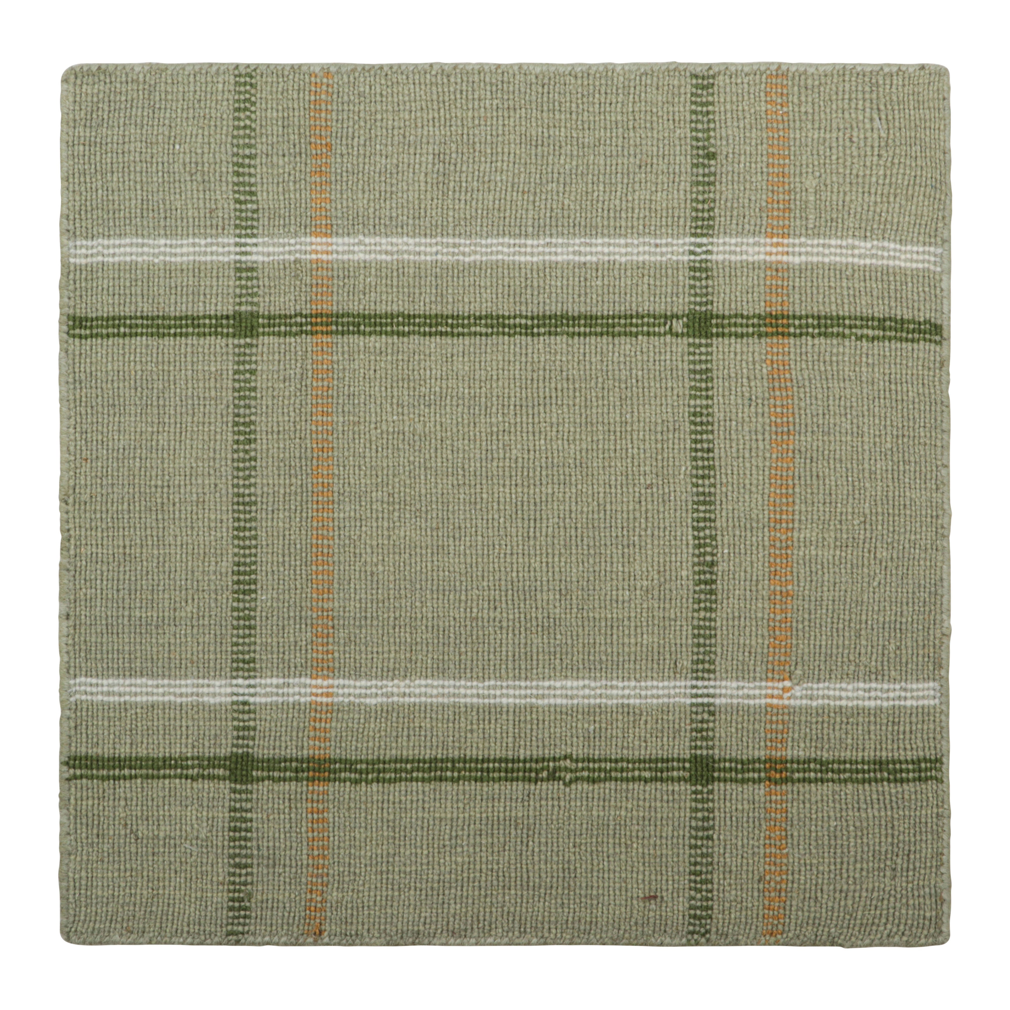 Rug & Kilim’s Modern Custom Rug Sample with Green and Orange Geometric Patterns