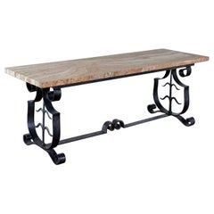 French art deco table with stone top and iron base