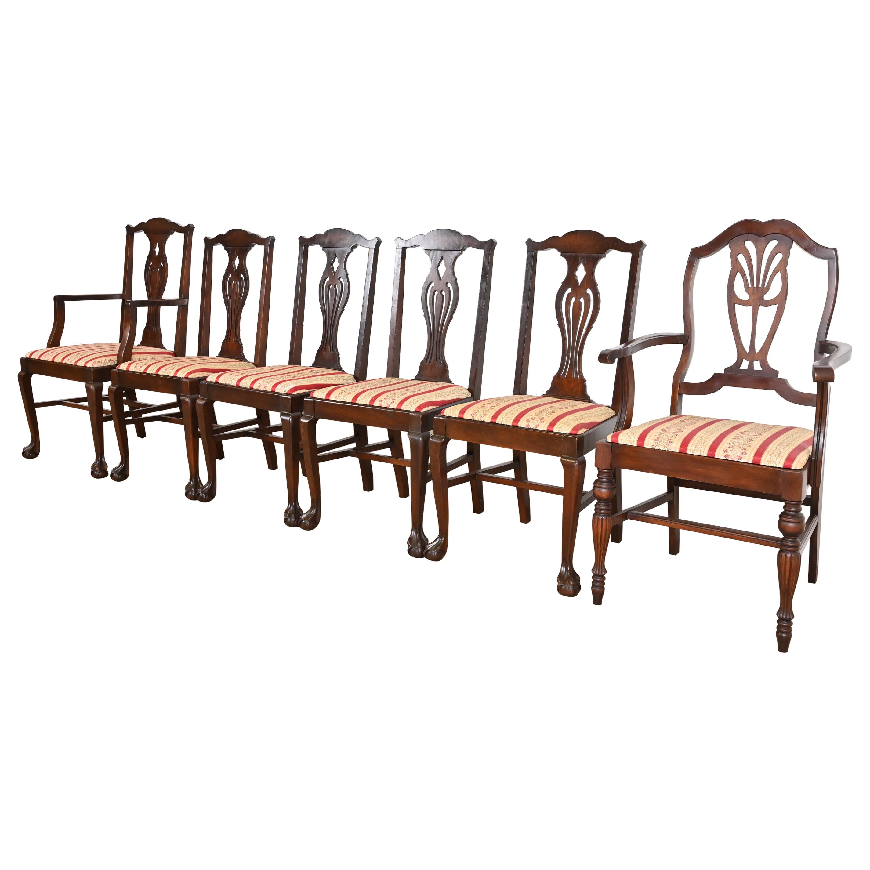 Berkey & Gay Style Antique Georgian Carved Walnut Dining Chairs, Circa 1920s