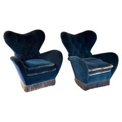 Art deco velvet button back club chairs
