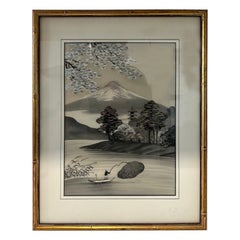 Bordado de Seda Japonesa del Monte Fuji y Pescador en un Marco de Bambú Dorado de Imitación