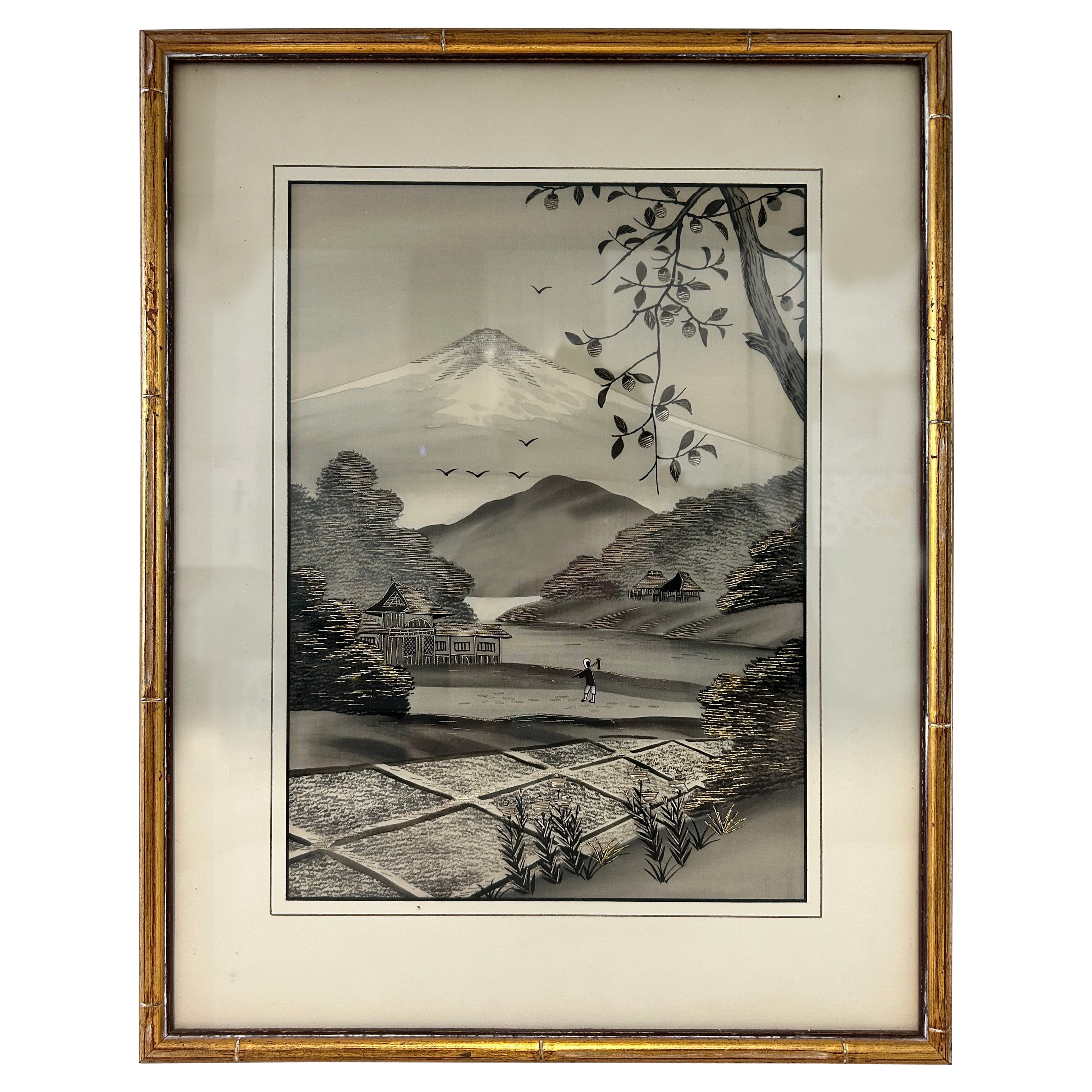 Mount Fuji and Japanese Architecture on Embroidered Silk