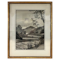 Monte Fuji y Arquitectura Japonesa en Seda Bordada