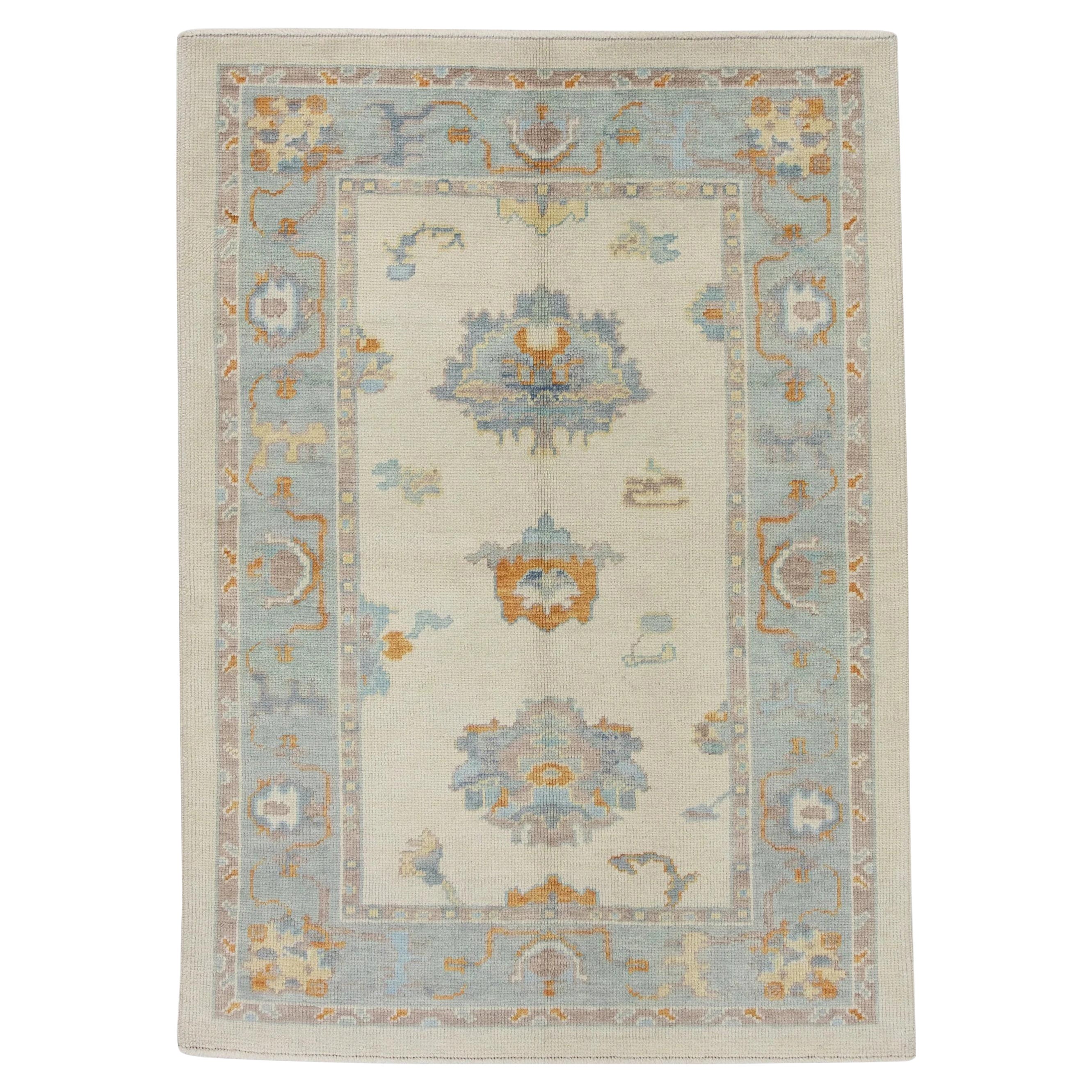 Turkish Oushak Rug Blue, Ivory & Orange Handwoven Wool Rug 4'2" x 5'7"