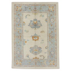 Turkish Oushak Rug Blue, Ivory & Orange Handwoven Wool Rug 4'2" x 5'7"