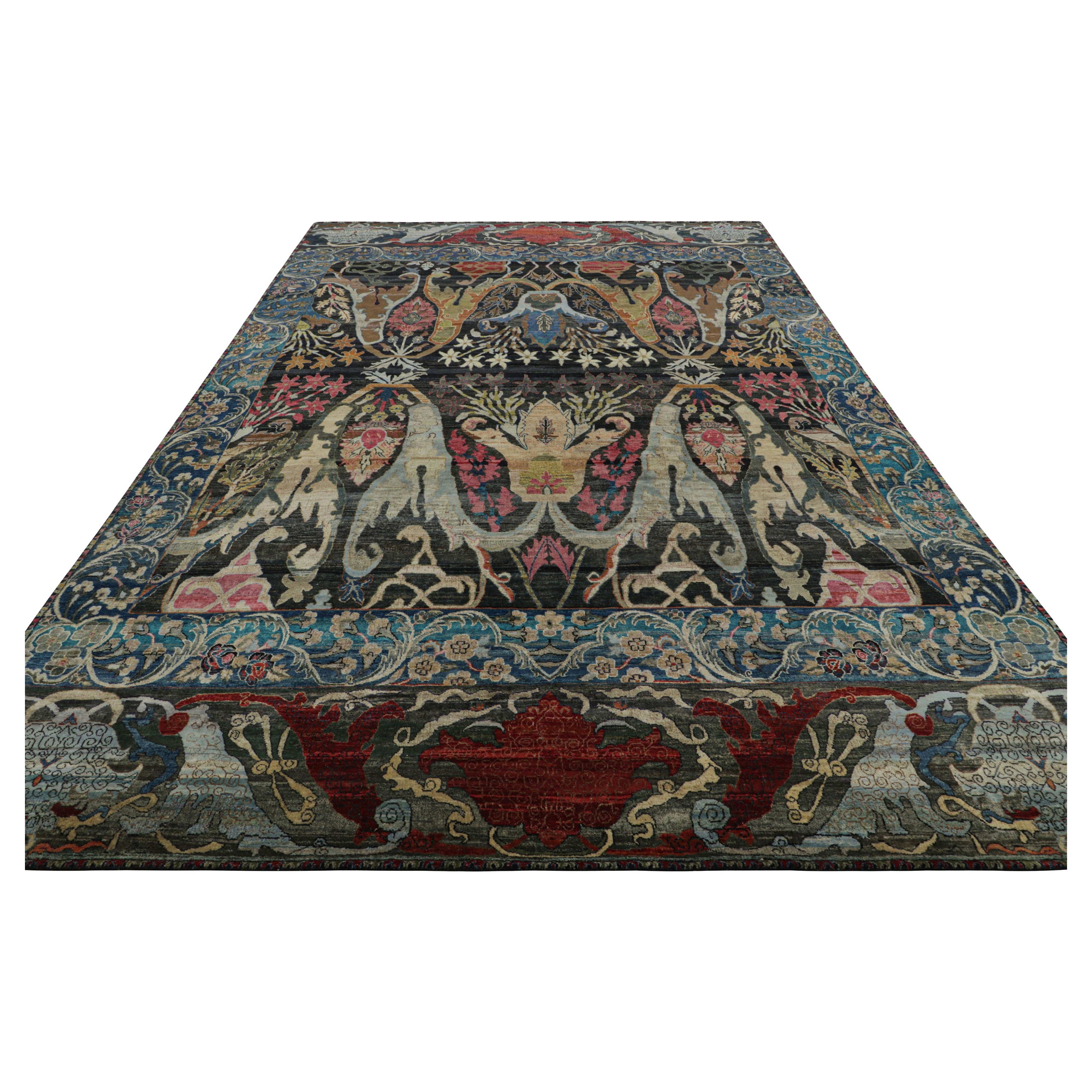 Rug & Kilim’s Persian Style Rug in Black and Blue, Polychromatic Floral Patterns
