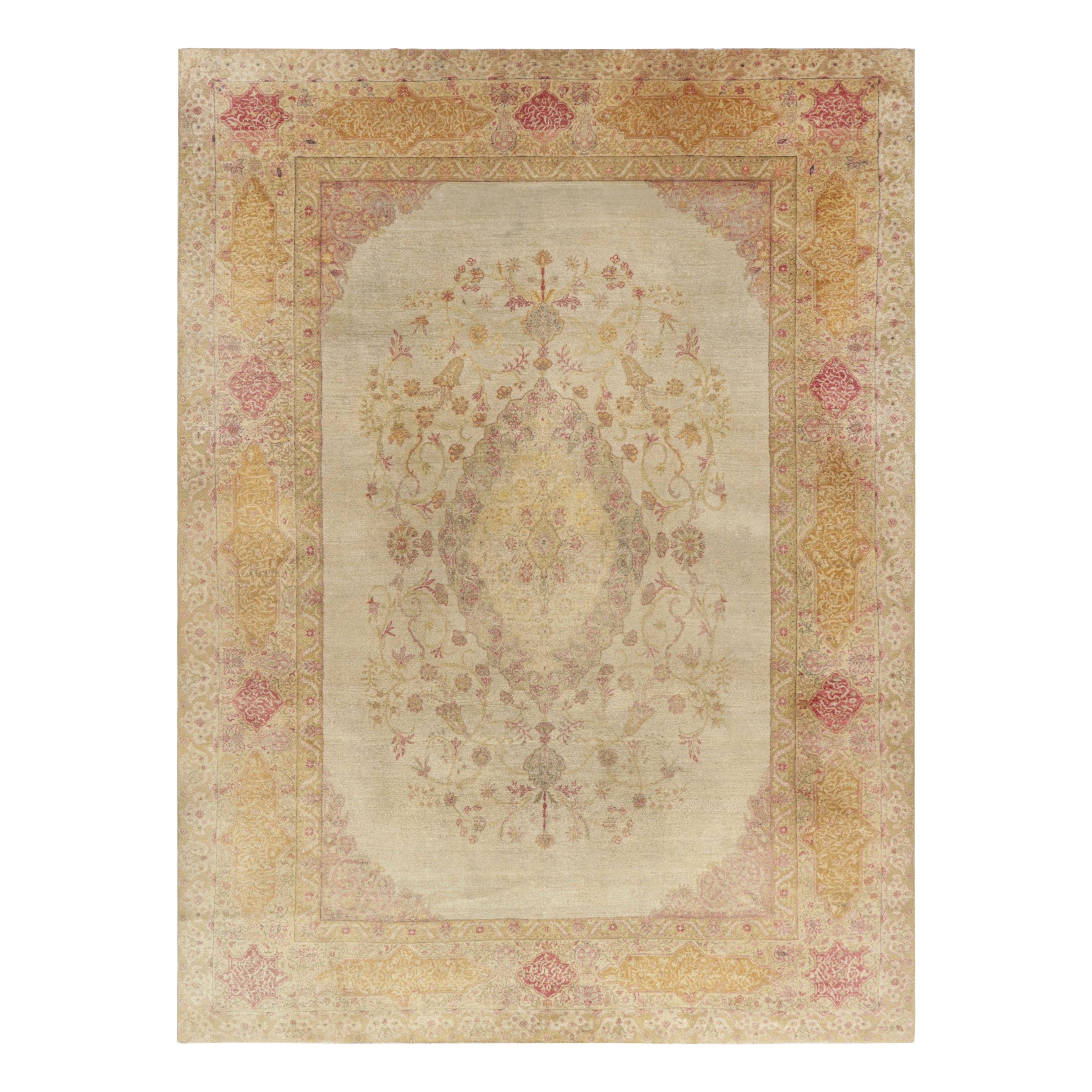 Antique Agra Rug in Beige and Pink with Floral Patterns - Rug & Kilim