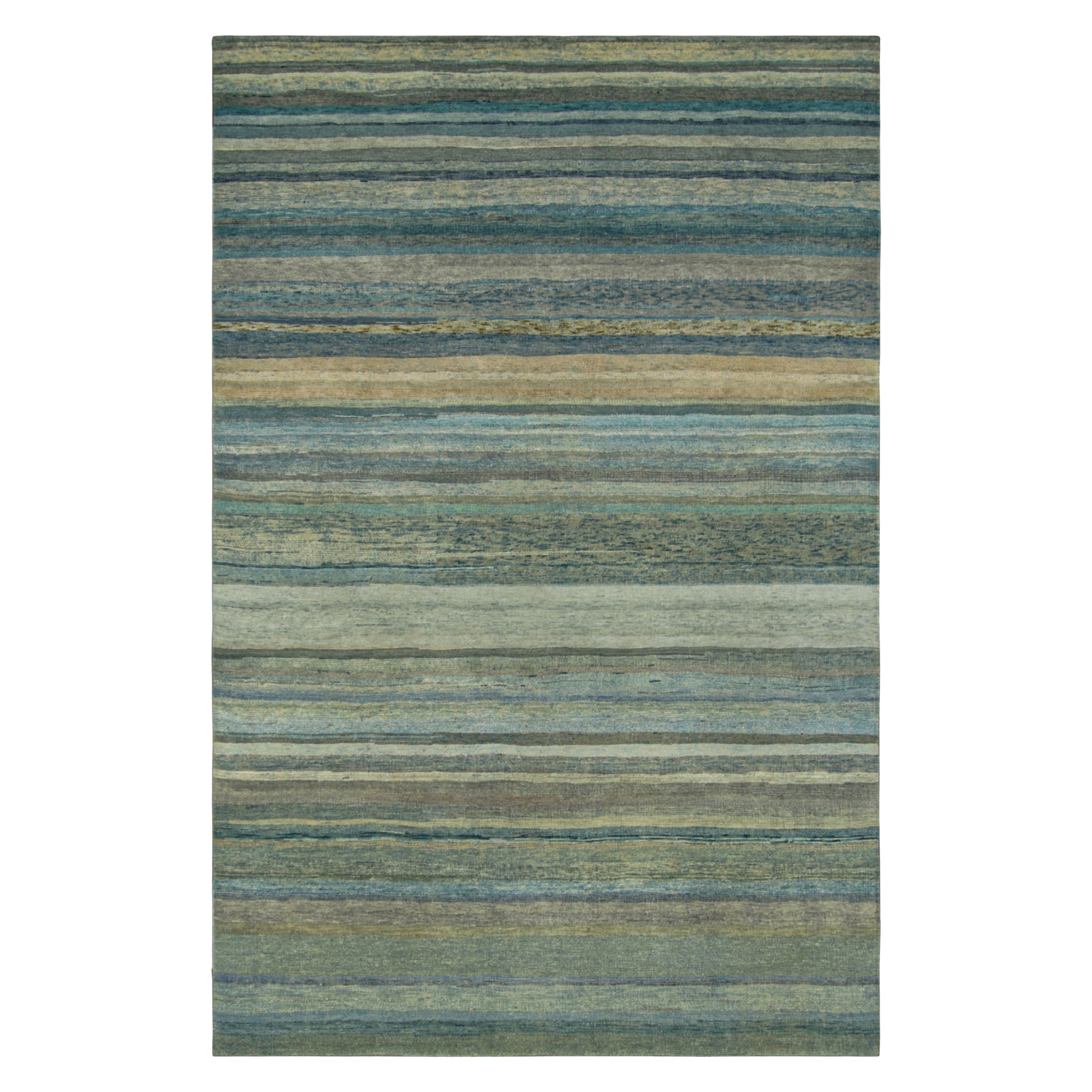 Rug & Kilim’s Textural Rug with Stripes and Striae in Teal and Light Blue Tones