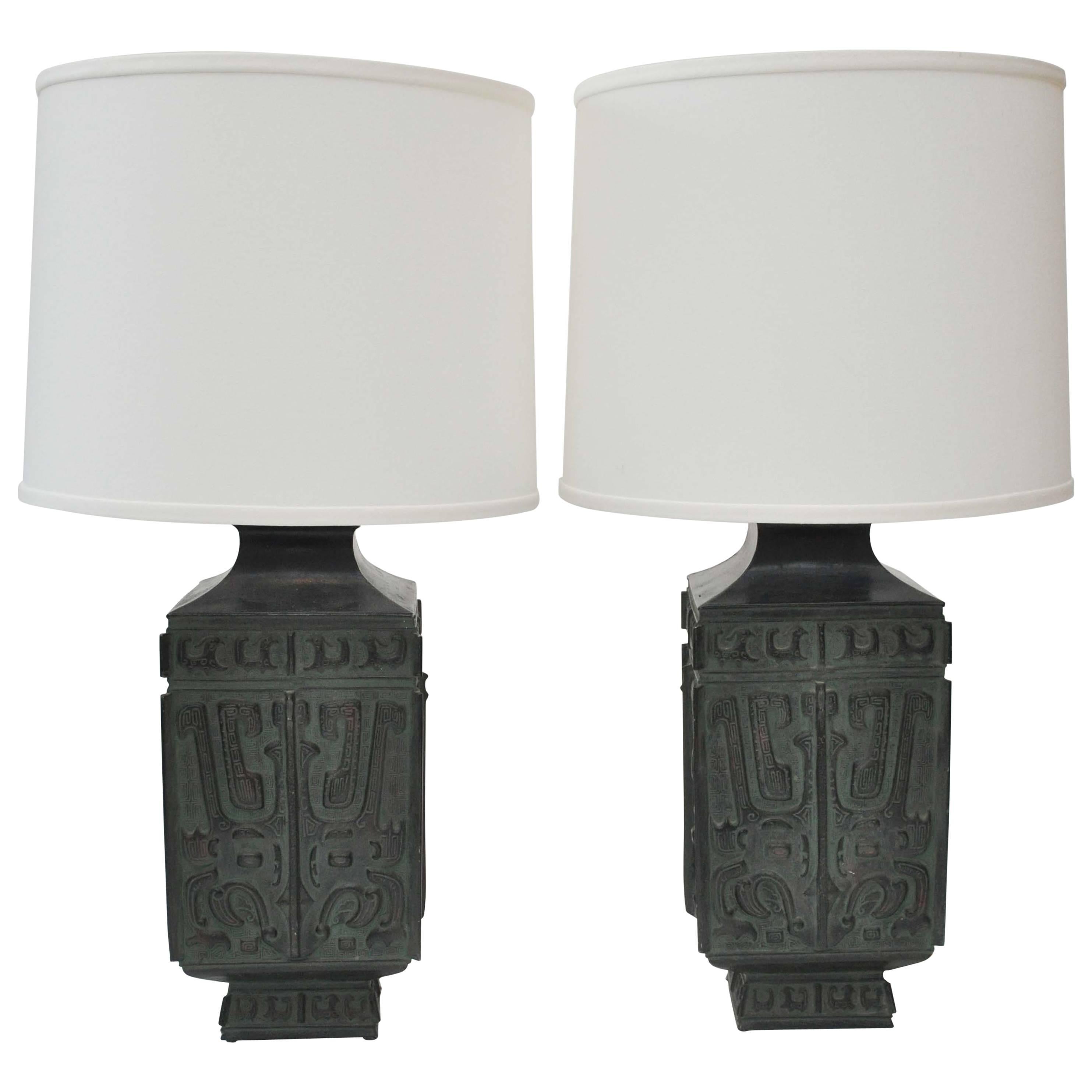 20th Century Pair of Bronze Lamps in the Style of James Mont