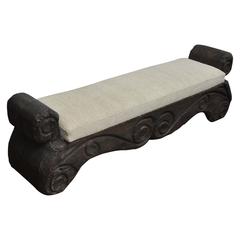   Mid-Century Carved Wooden Bench Reupholstered in Antique French Linen