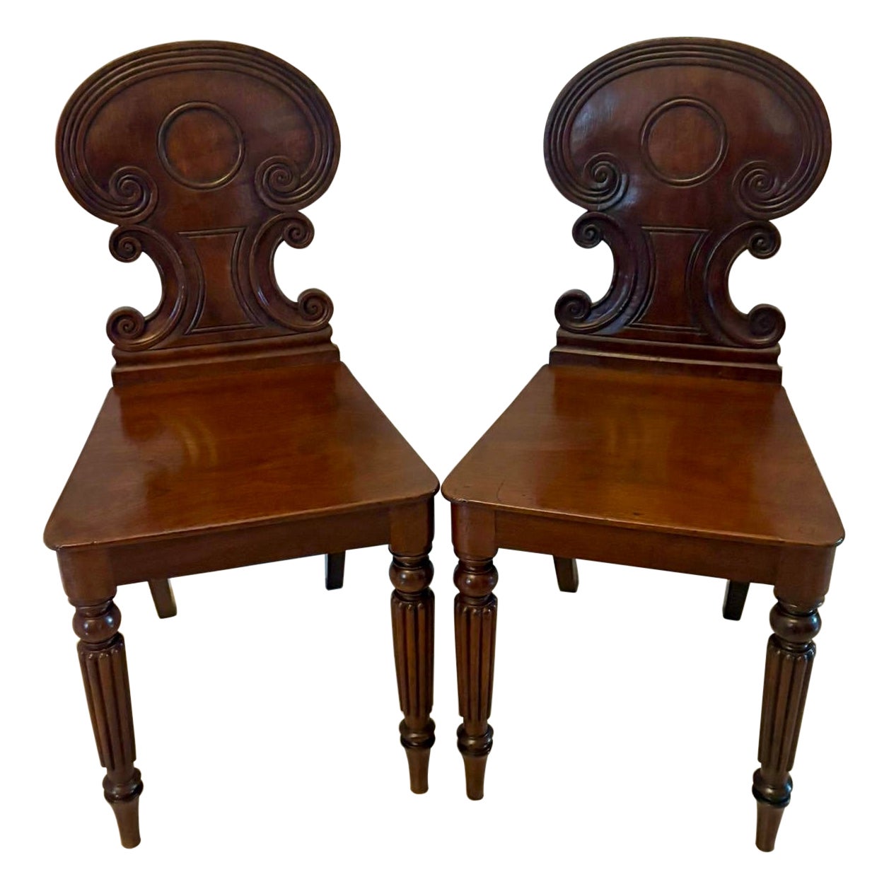 Pair of Antique Regency Quality Carved Figured Mahogany Hall Chairs