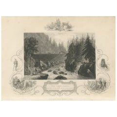 Grabado antiguo del canal de Erie y las pequeñas cataratas del río Mohawk, c.1850