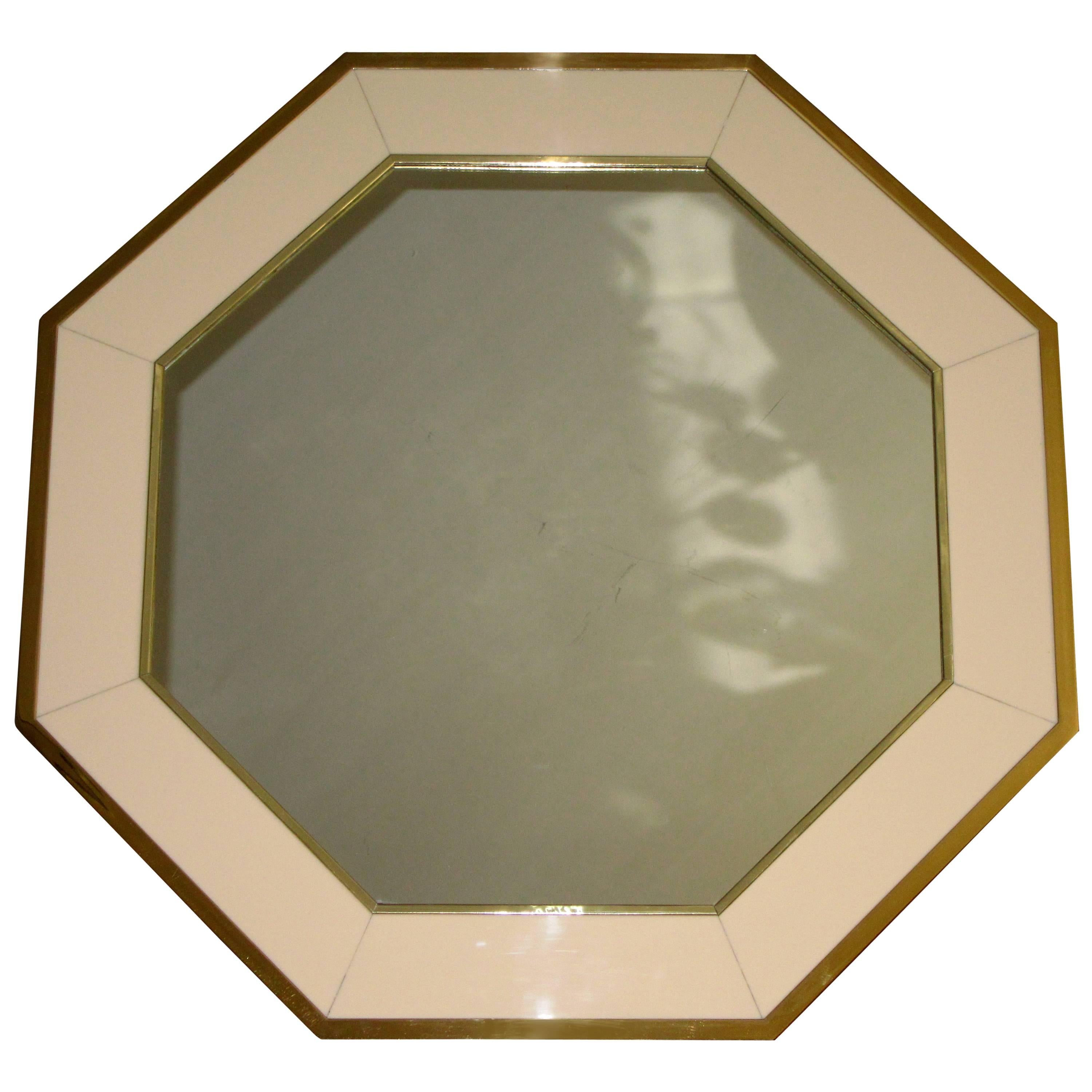 French Brass & Lacquered Panel Octagonal Wall Mirror
