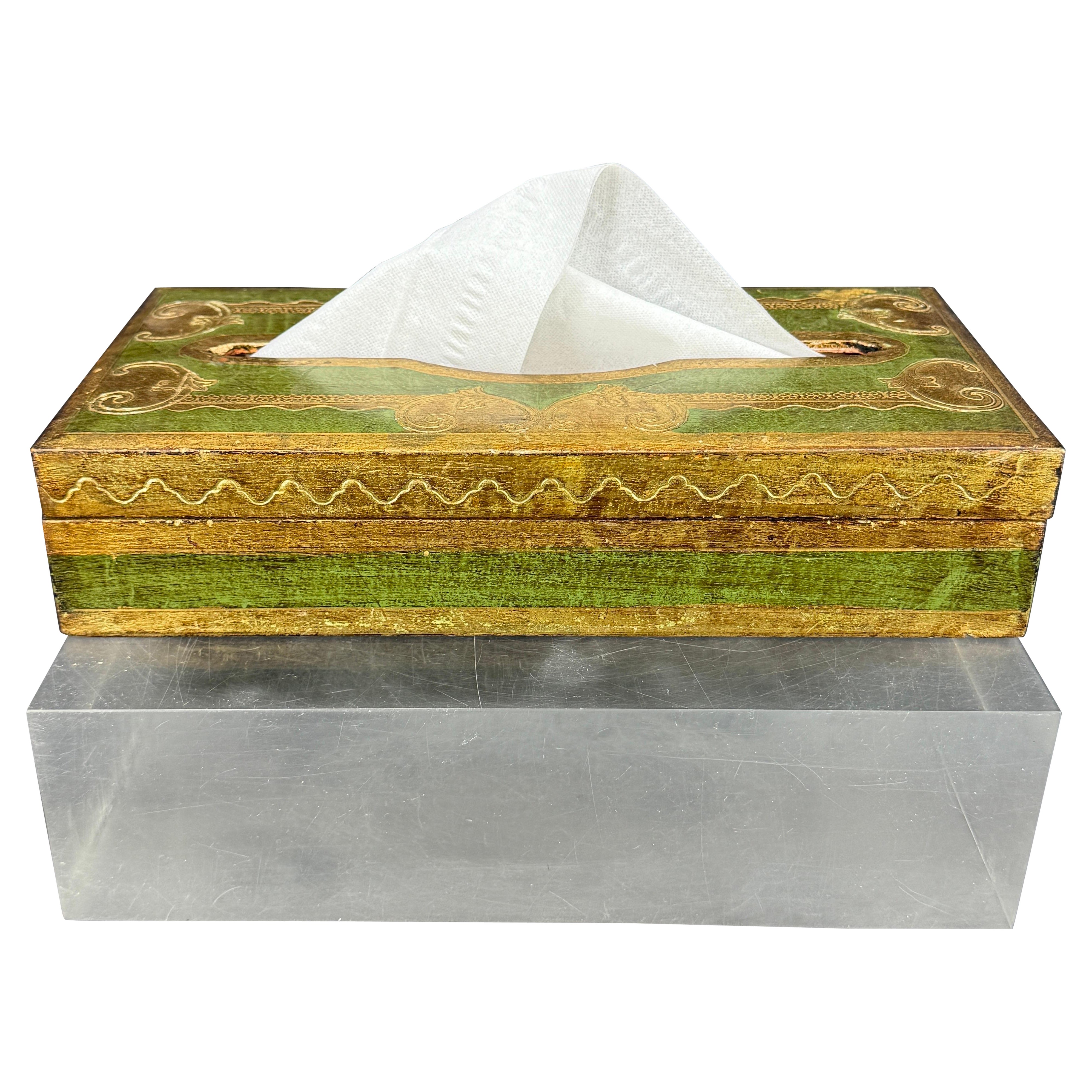 Caja de pañuelos rectangular de madera dorada verde florentina italiana