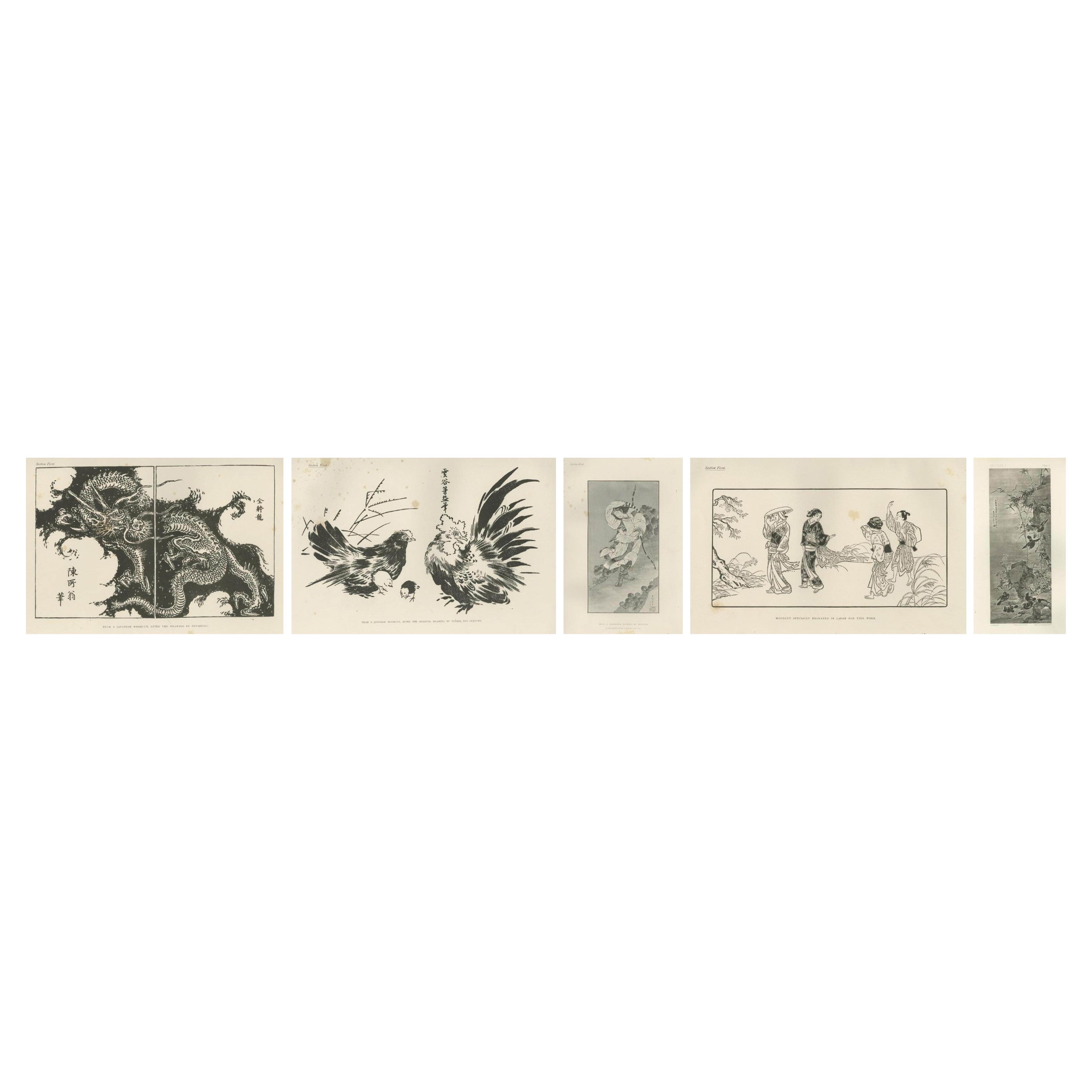 Japanese Art Print Compilation: Five Captivating Woodcuts and Engravings, c.1882