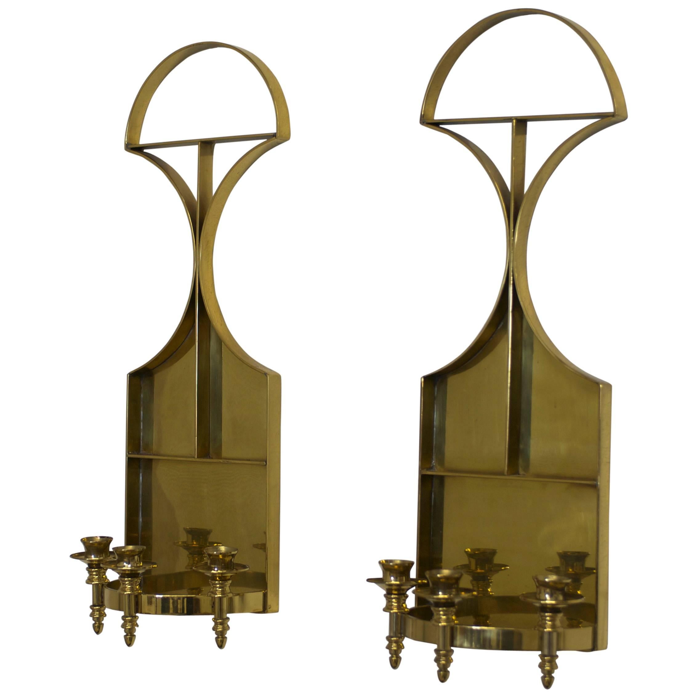 Pair of Solid Brass Mid-Century Candle Wall Sconces For Sale