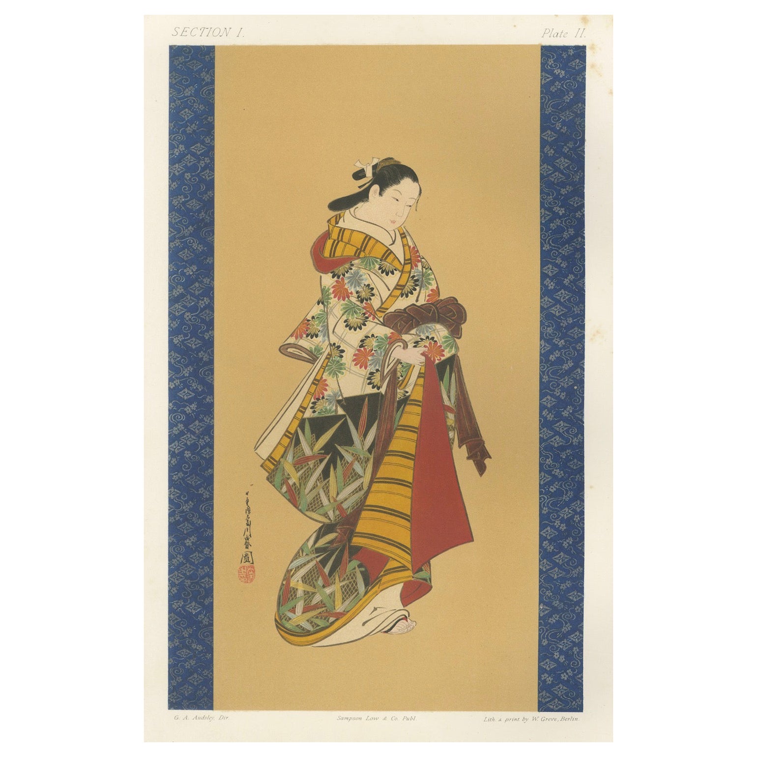 Retrato de Geisha Japonesa: Kimono vibrante y porte sereno, c.1882