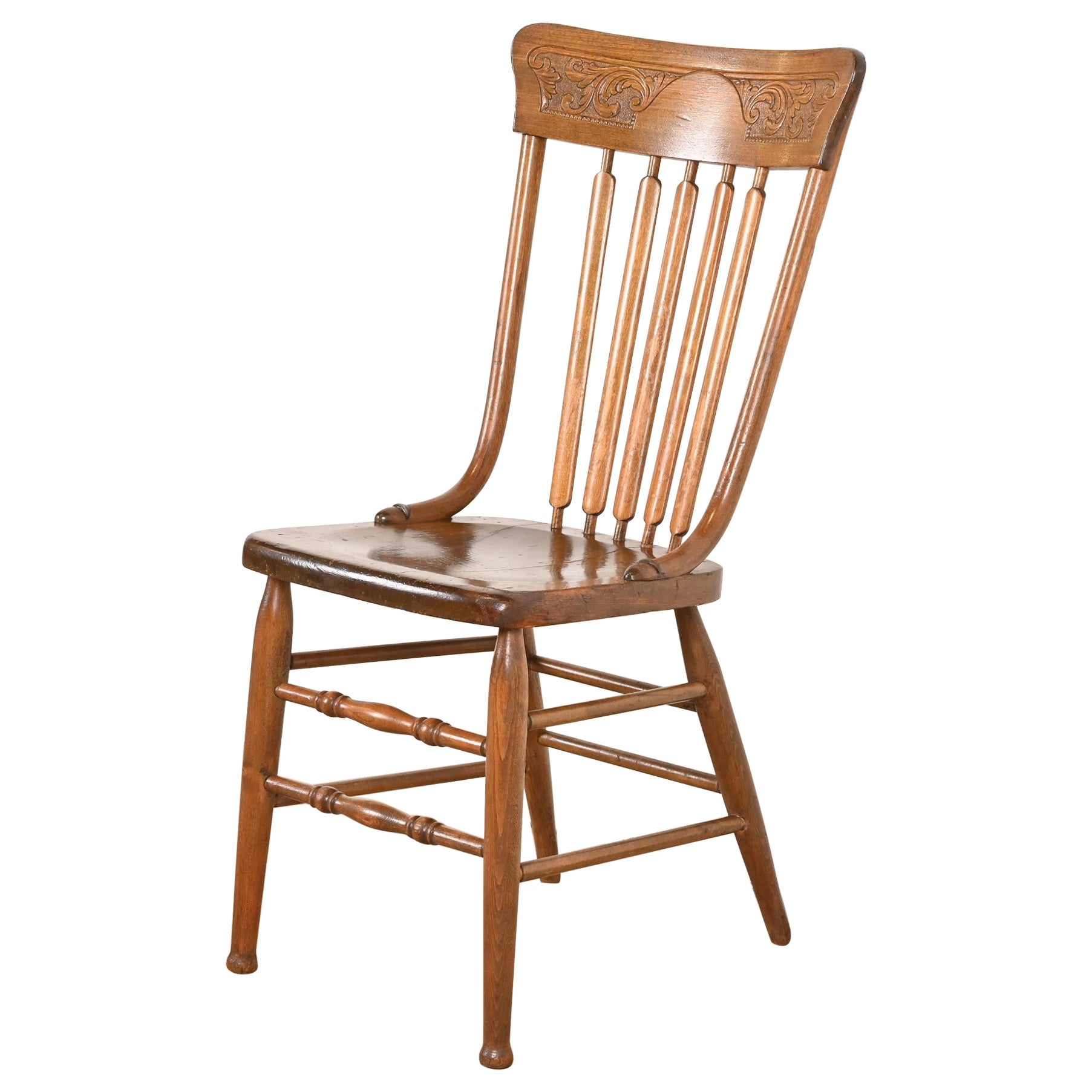 Antique American Carved Oak Spindle Back Dining Chair or Side Chair, Circa 1900