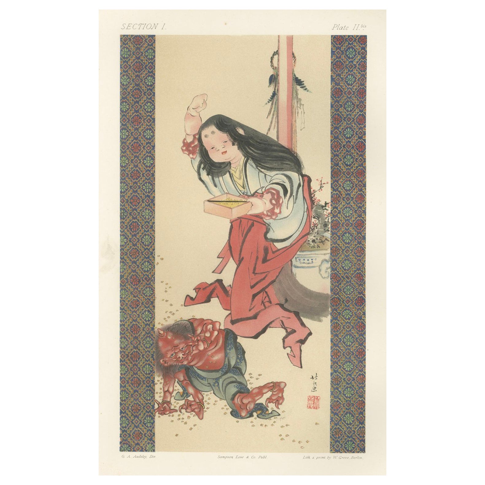 Japanischer Folklore-Druck: Farbenfrohe Darstellung einer traditionellen Oni-Begegnung, um 1882 im Angebot