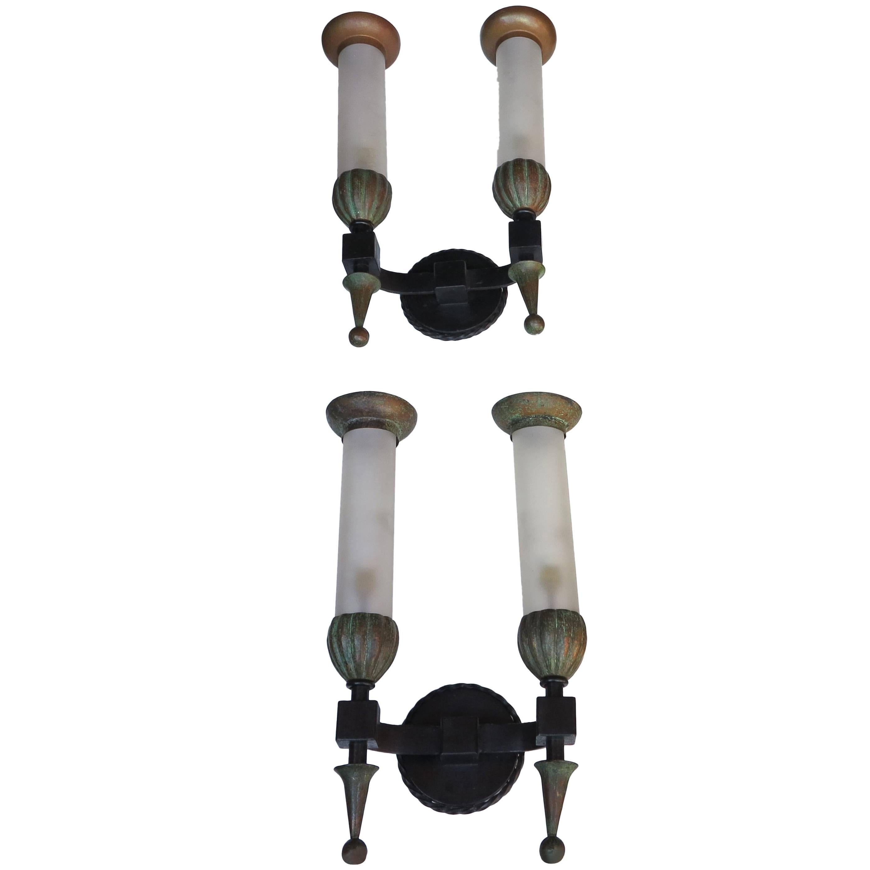 1950s Sconces Pair in the Style of Poillerat Iron and Copper and Sanded Glasses