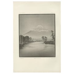 Antique Japanese Landscape Engraving of Mount Fuji: Serene River View, c.1882