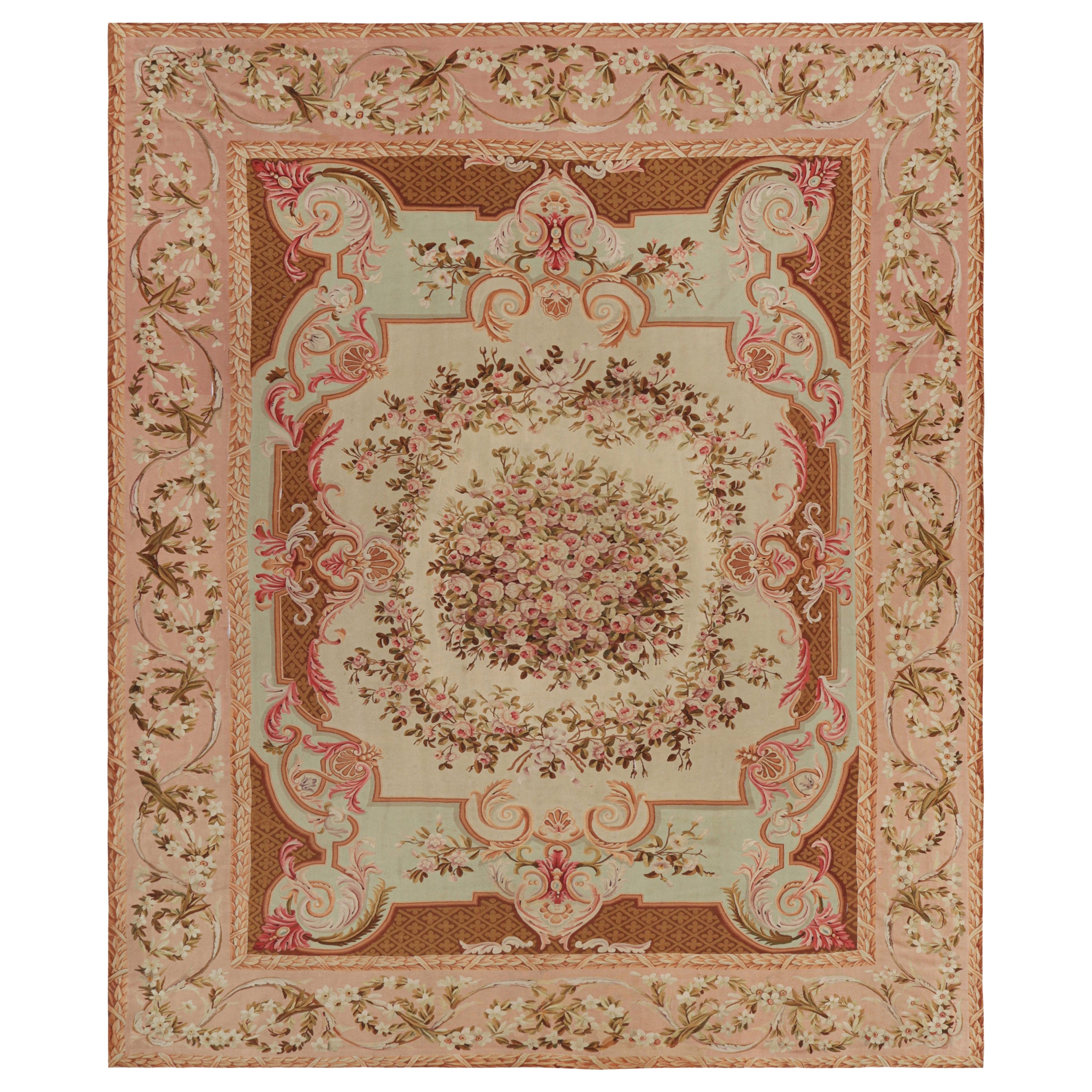Oversized Antique Aubusson Rug, Floral Medallion in Cream and Pink - Rug & Kilim
