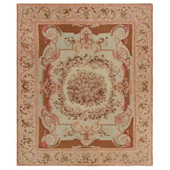 Oversized Antique Aubusson Rug, Floral Medallion in Cream and Pink - Rug & Kilim