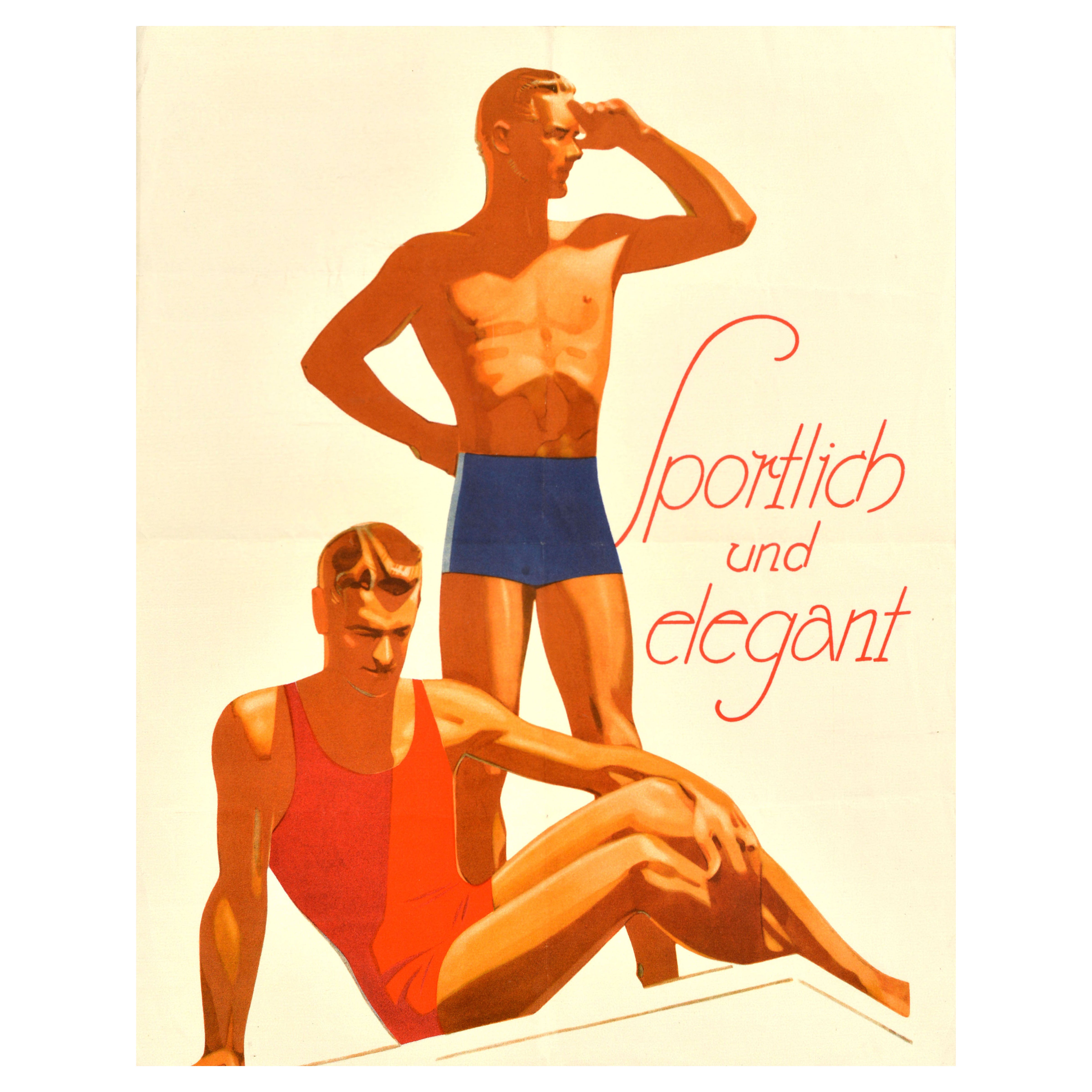 Original Antikes Werbeplakat, antike Mode, Sportlich und Elegante Herren-Badeanzug