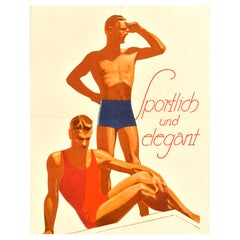 Original Antique Fashion Advertising Poster Sportlich Und Elegant Men Swimwear