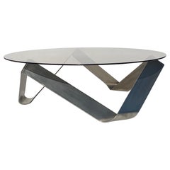 Stahl-Couchtisch Knut Hesterberg für Ronald Schmitt, 1970er Jahre, rundes Rauchglas