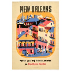 Cartel publicitario de viajes original de época Ferrocarril Southern Pacific de Nueva Orleans