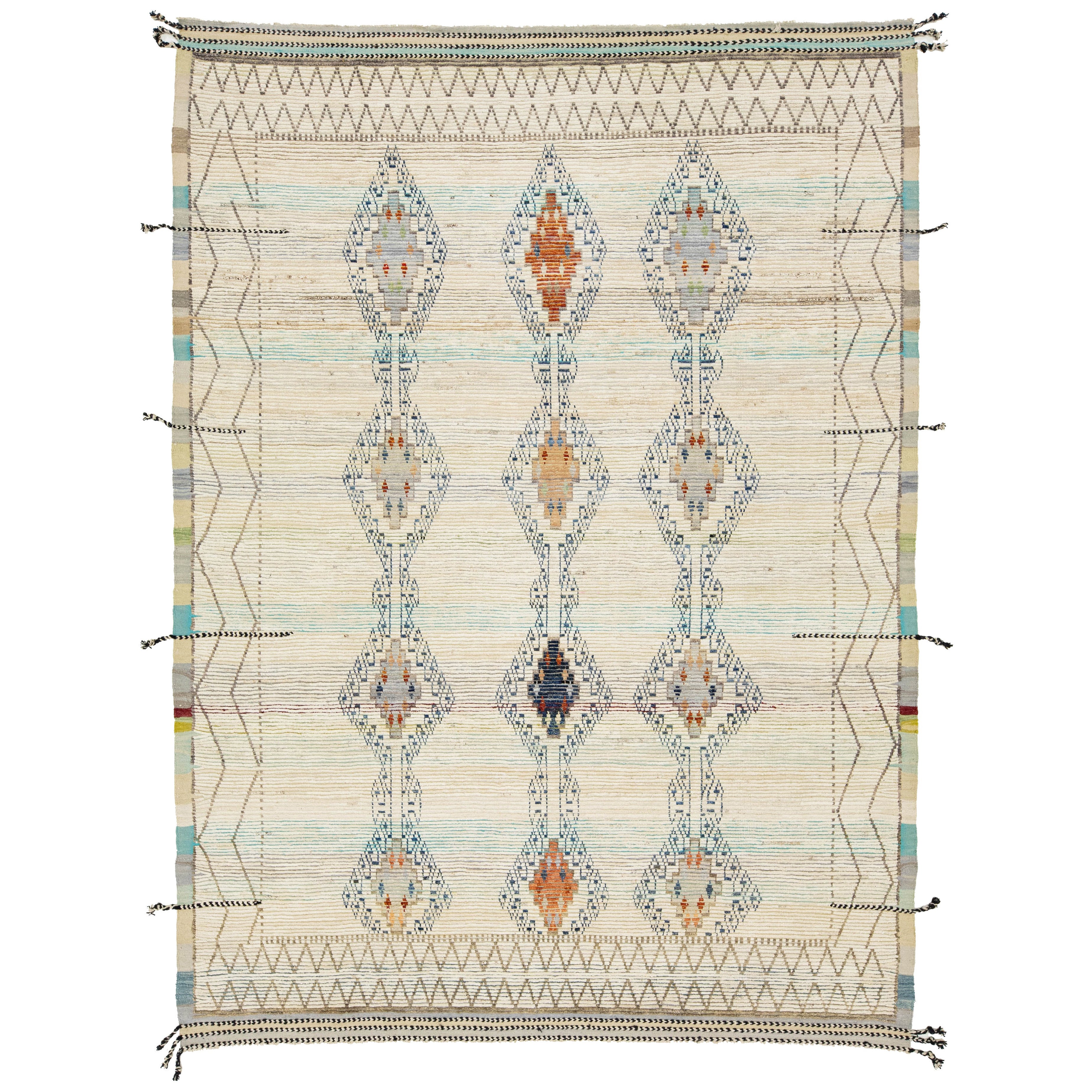 Modern Moroccan Style Wool Rug In Beige with Tribal Pattern