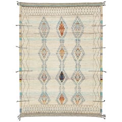 Modern Moroccan Style Wool Rug In Beige with Tribal Pattern