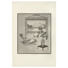 Antique Japanese Still Life with Mount Fuji and Floral Vase, 19th Century